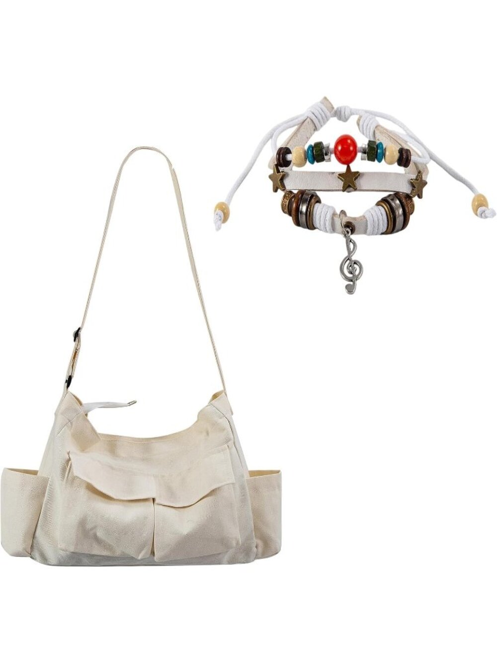 Women's White Grunge Bag Multiple Pockets Crossbody Shoulder Bag